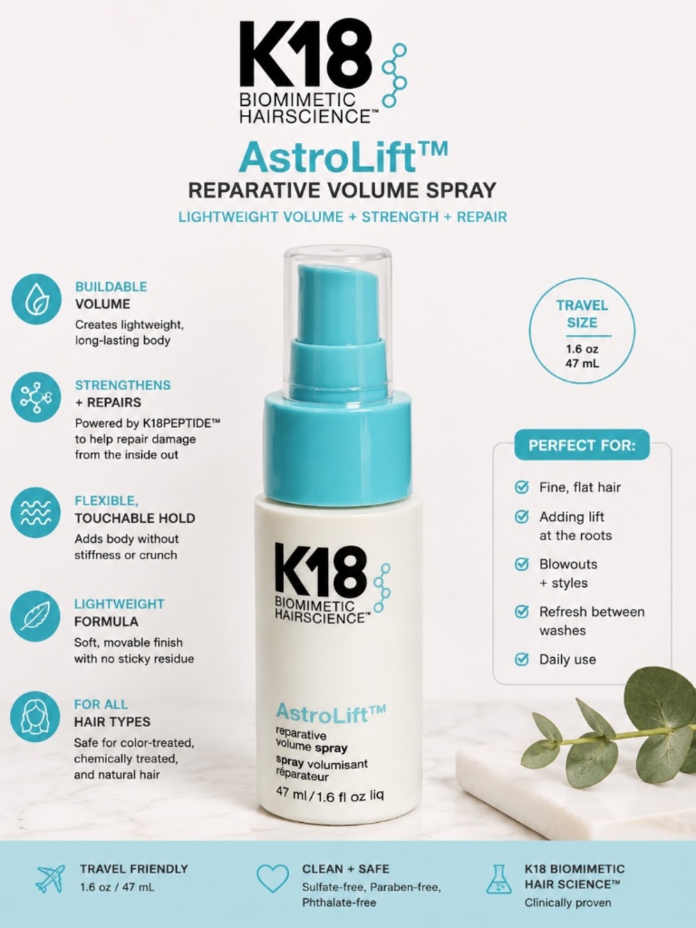 K18 AstroLift Reparative Volume Spray 1.6 oz / 47 mL Travel Size NEW